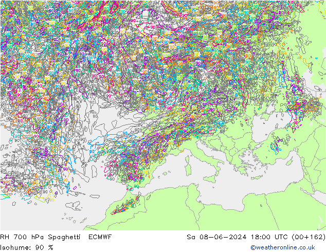 RH 700 hPa Spaghetti ECMWF so. 08.06.2024 18 UTC