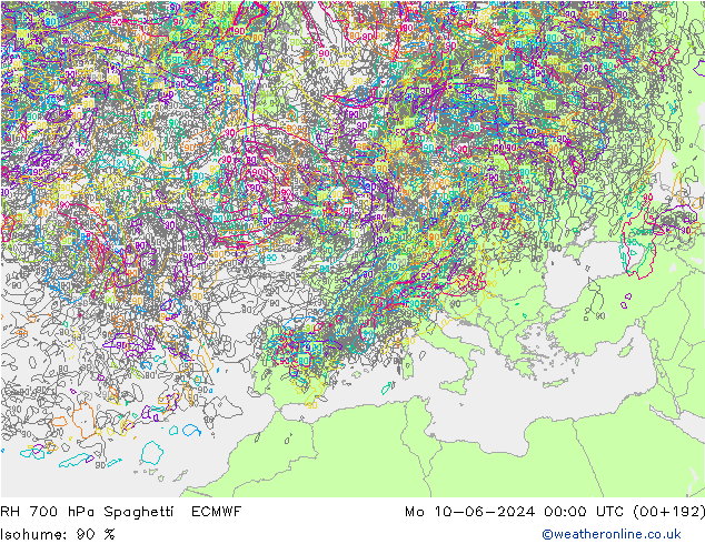RH 700 hPa Spaghetti ECMWF Mo 10.06.2024 00 UTC