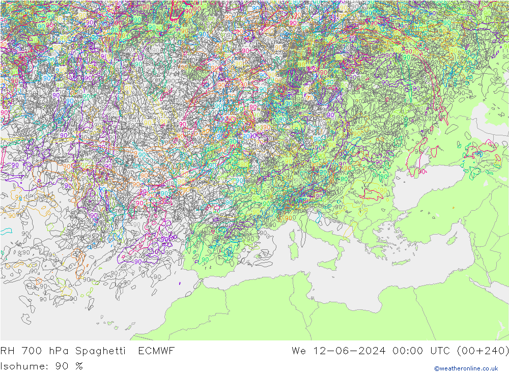 RH 700 hPa Spaghetti ECMWF We 12.06.2024 00 UTC