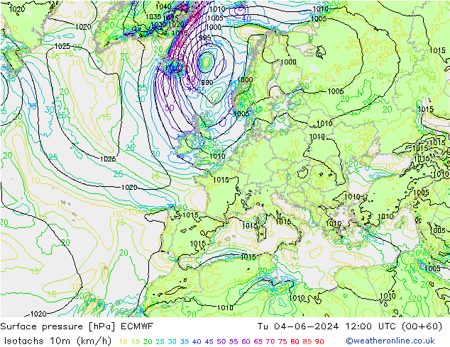 Izotacha (km/godz) ECMWF wto. 04.06.2024 12 UTC