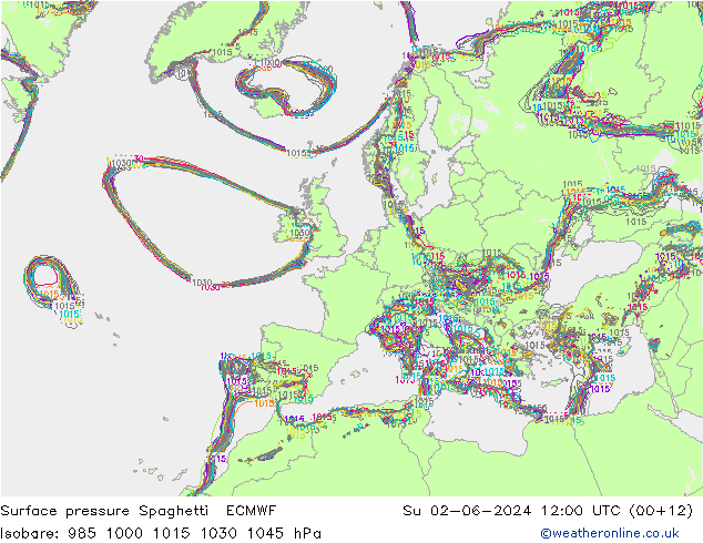 Surface pressure Spaghetti ECMWF Su 02.06.2024 12 UTC