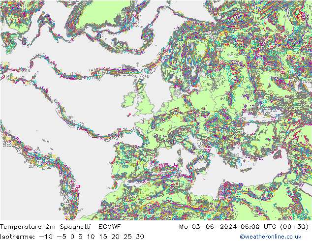 Temperatura 2m Spaghetti ECMWF lun 03.06.2024 06 UTC