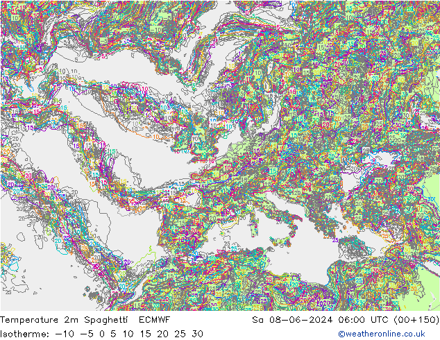 mapa temperatury 2m Spaghetti ECMWF so. 08.06.2024 06 UTC