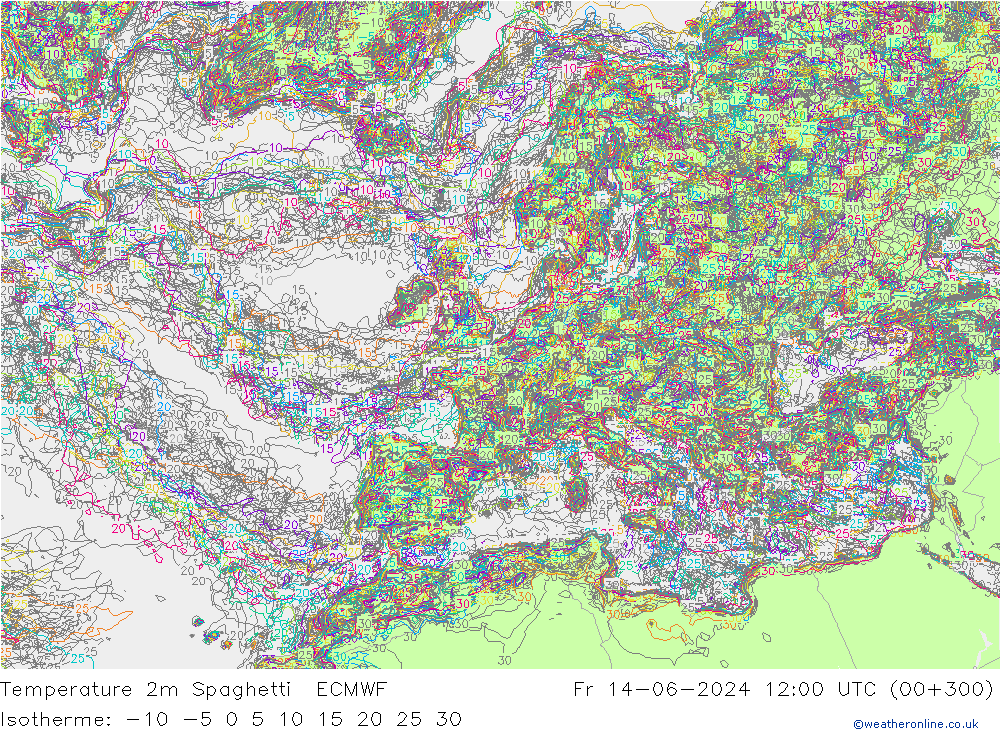 Temperature 2m Spaghetti ECMWF Fr 14.06.2024 12 UTC