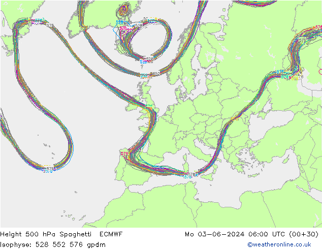 Height 500 hPa Spaghetti ECMWF lun 03.06.2024 06 UTC
