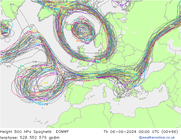 Height 500 hPa Spaghetti ECMWF Čt 06.06.2024 00 UTC