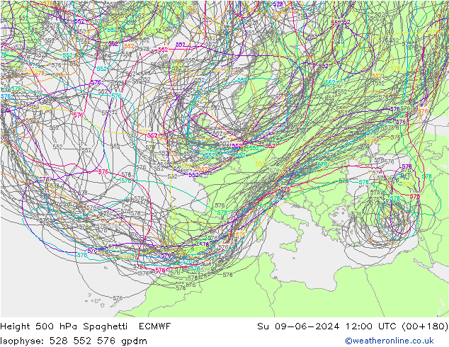 Height 500 hPa Spaghetti ECMWF So 09.06.2024 12 UTC