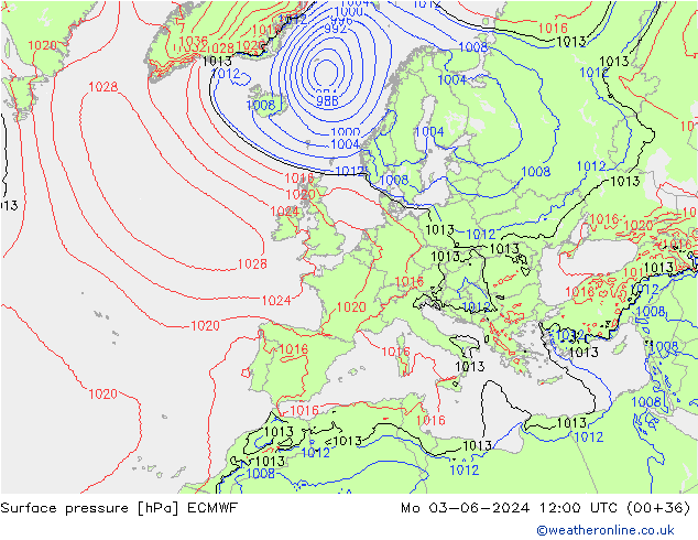 Presión superficial ECMWF lun 03.06.2024 12 UTC