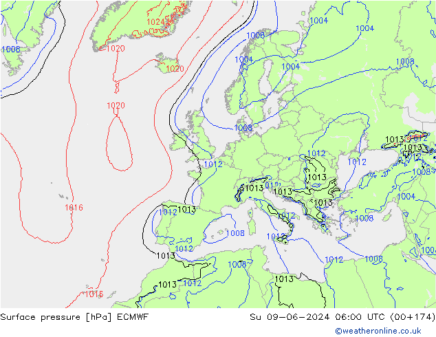 Pressione al suolo ECMWF dom 09.06.2024 06 UTC