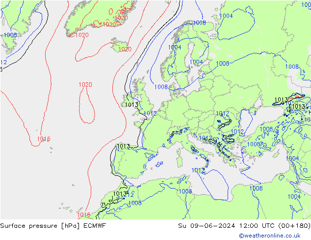 Pressione al suolo ECMWF dom 09.06.2024 12 UTC