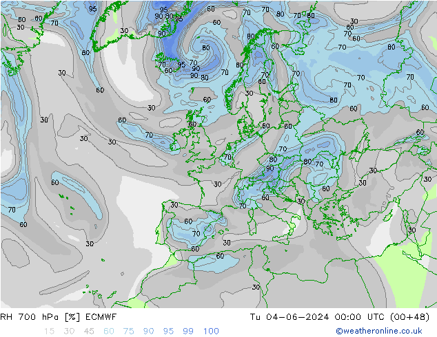 RH 700 hPa ECMWF Tu 04.06.2024 00 UTC