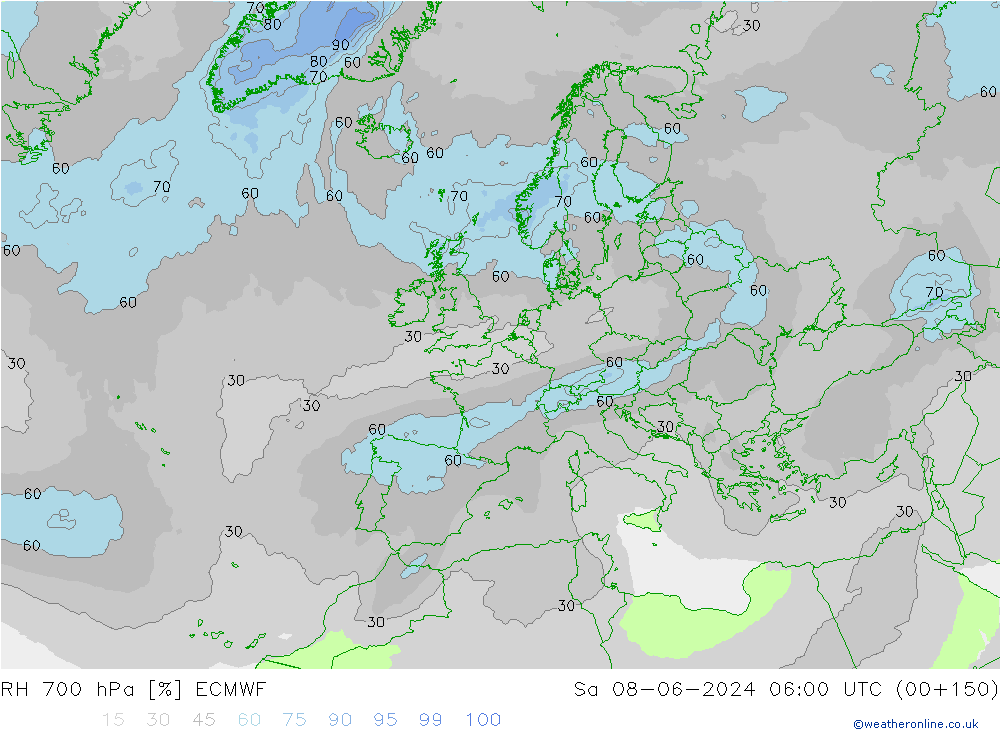 Humedad rel. 700hPa ECMWF sáb 08.06.2024 06 UTC