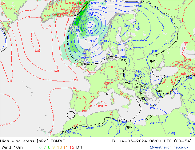 yüksek rüzgarlı alanlar ECMWF Sa 04.06.2024 06 UTC