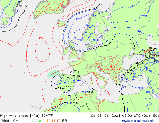 High wind areas ECMWF So 08.06.2024 06 UTC