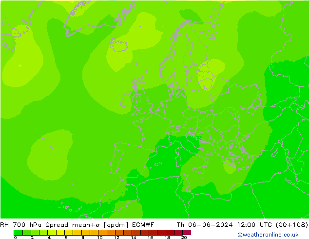 RH 700 hPa Spread ECMWF czw. 06.06.2024 12 UTC