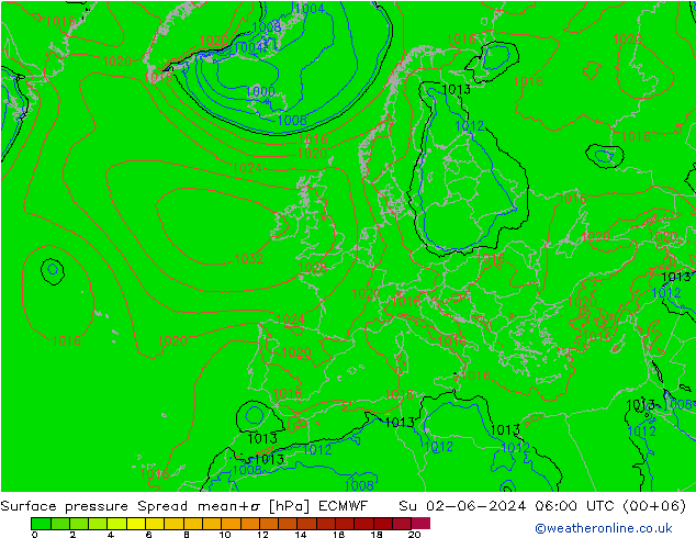 Atmosférický tlak Spread ECMWF Ne 02.06.2024 06 UTC