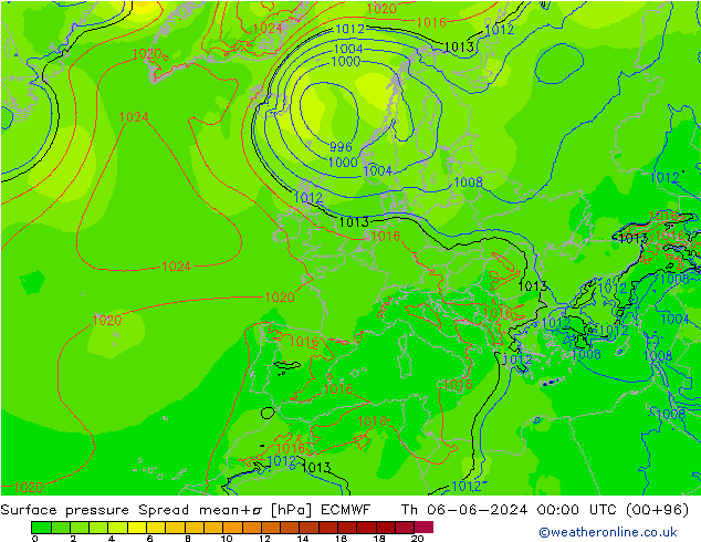 Atmosférický tlak Spread ECMWF Čt 06.06.2024 00 UTC