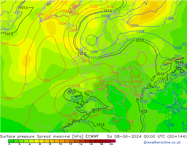 Atmosférický tlak Spread ECMWF So 08.06.2024 00 UTC