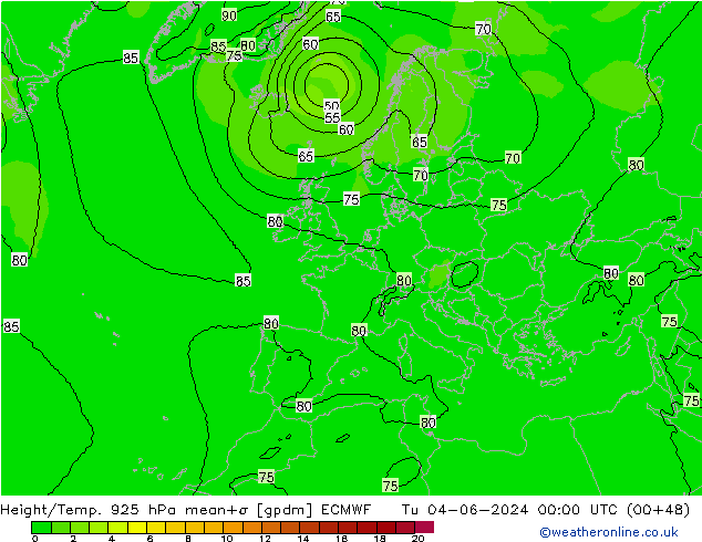 Height/Temp. 925 hPa ECMWF Tu 04.06.2024 00 UTC