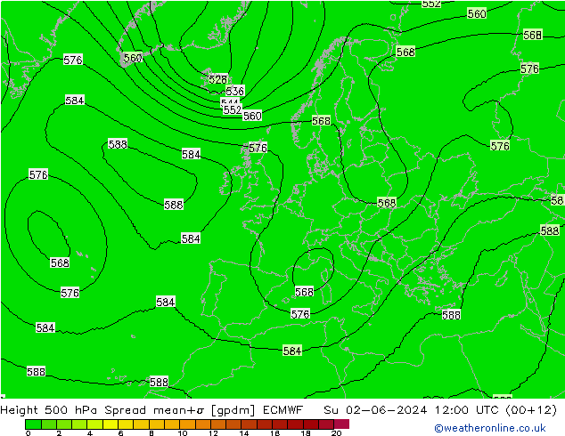 Height 500 hPa Spread ECMWF So 02.06.2024 12 UTC