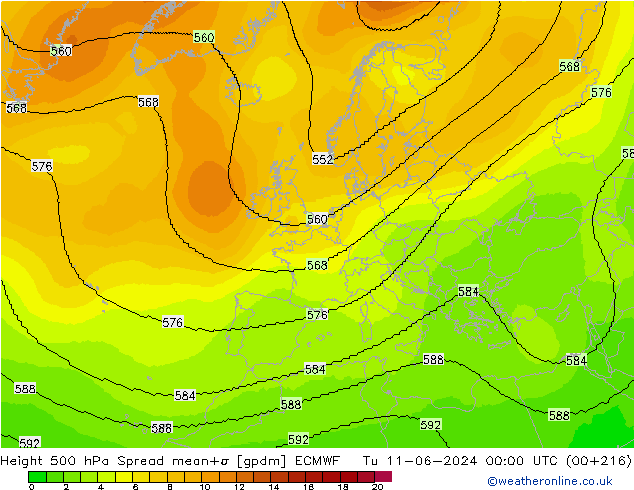 Height 500 hPa Spread ECMWF wto. 11.06.2024 00 UTC