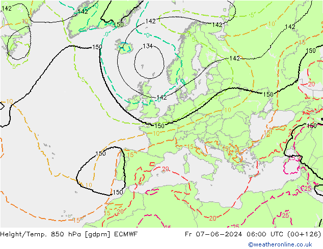 Hoogte/Temp. 850 hPa ECMWF vr 07.06.2024 06 UTC