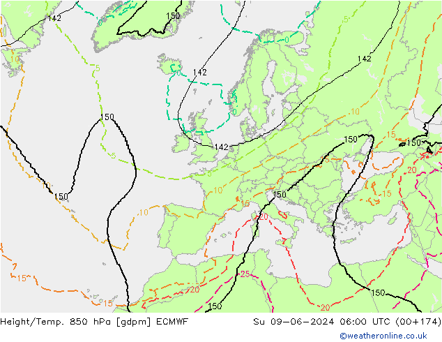 Hoogte/Temp. 850 hPa ECMWF zo 09.06.2024 06 UTC