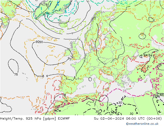 Géop./Temp. 925 hPa ECMWF dim 02.06.2024 06 UTC