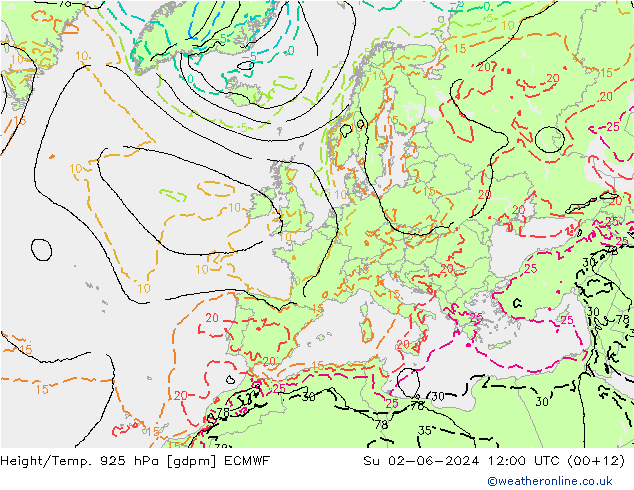 Yükseklik/Sıc. 925 hPa ECMWF Paz 02.06.2024 12 UTC