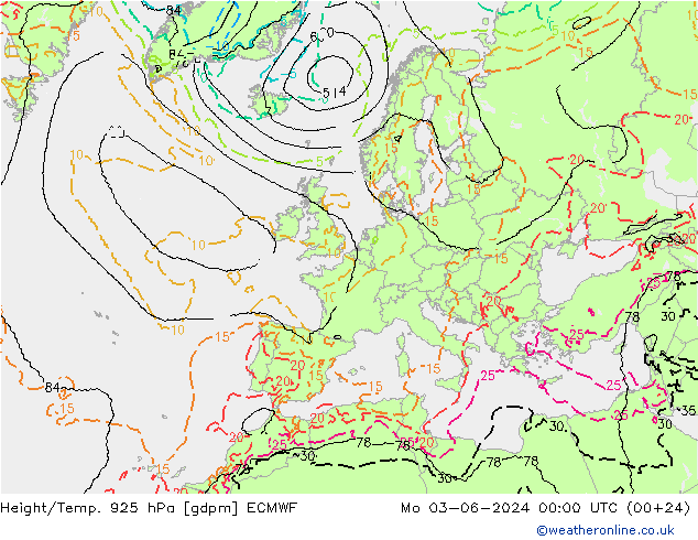 Height/Temp. 925 hPa ECMWF pon. 03.06.2024 00 UTC