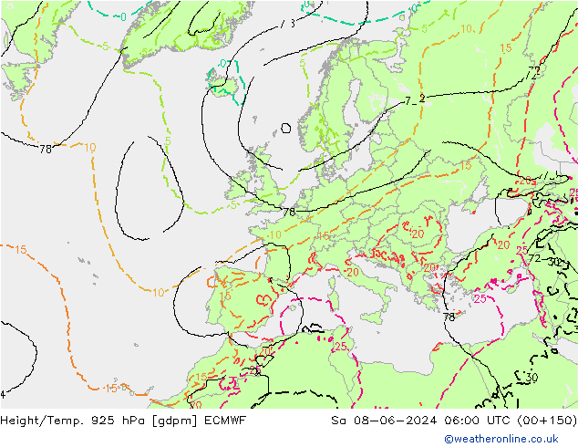 Height/Temp. 925 гПа ECMWF сб 08.06.2024 06 UTC