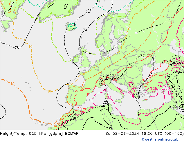 Height/Temp. 925 hPa ECMWF so. 08.06.2024 18 UTC