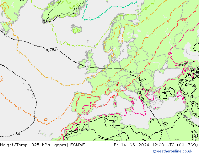 Height/Temp. 925 hPa ECMWF Sex 14.06.2024 12 UTC