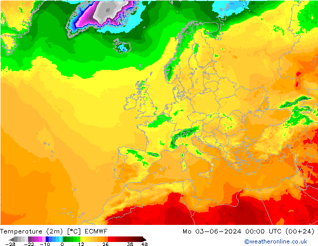 温度图 ECMWF 星期一 03.06.2024 00 UTC