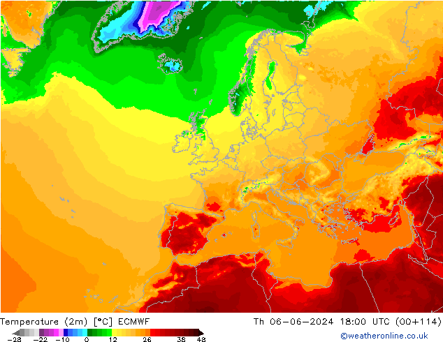 Temperatura (2m) ECMWF jue 06.06.2024 18 UTC