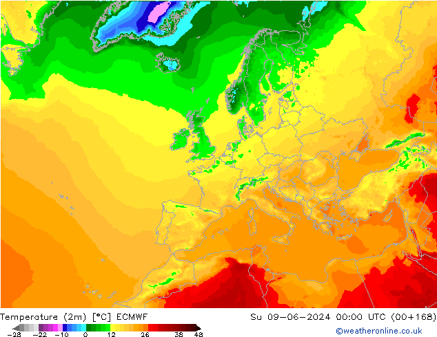 Temperatuurkaart (2m) ECMWF zo 09.06.2024 00 UTC