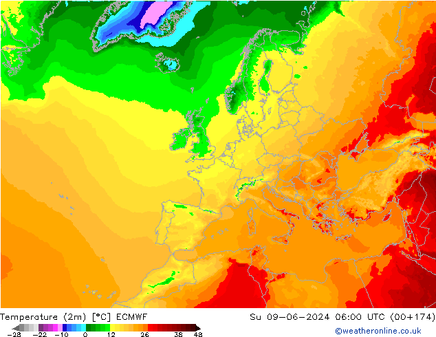 Temperaturkarte (2m) ECMWF So 09.06.2024 06 UTC