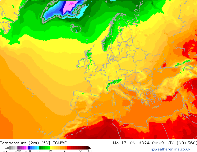 Temperature (2m) ECMWF Mo 17.06.2024 00 UTC