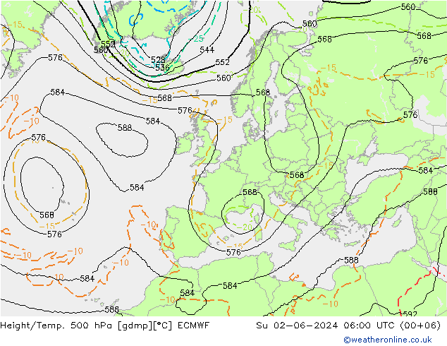 Hoogte/Temp. 500 hPa ECMWF zo 02.06.2024 06 UTC