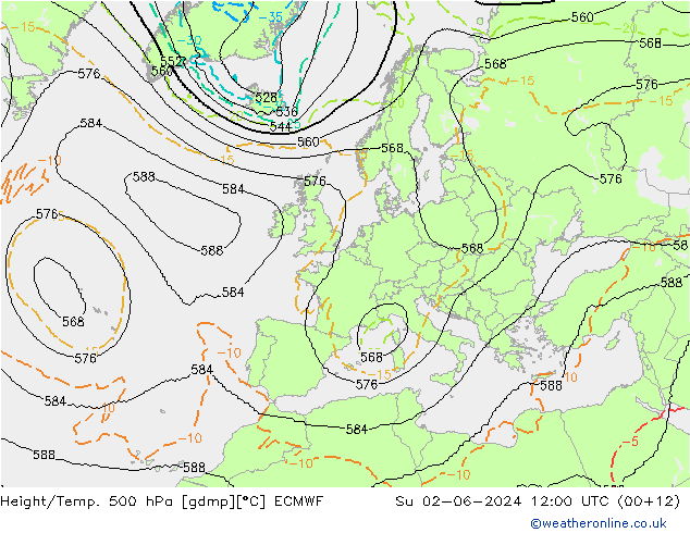 Height/Temp. 500 hPa ECMWF Su 02.06.2024 12 UTC