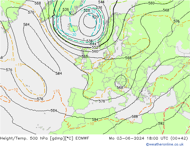 Height/Temp. 500 hPa ECMWF Mo 03.06.2024 18 UTC