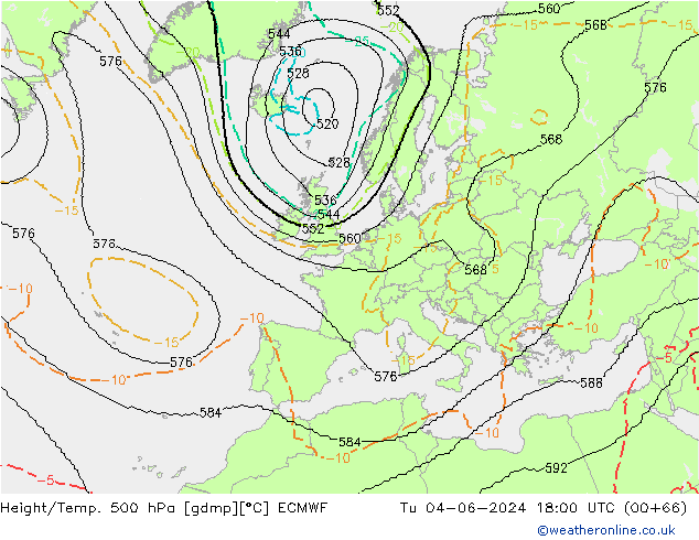 Height/Temp. 500 hPa ECMWF wto. 04.06.2024 18 UTC