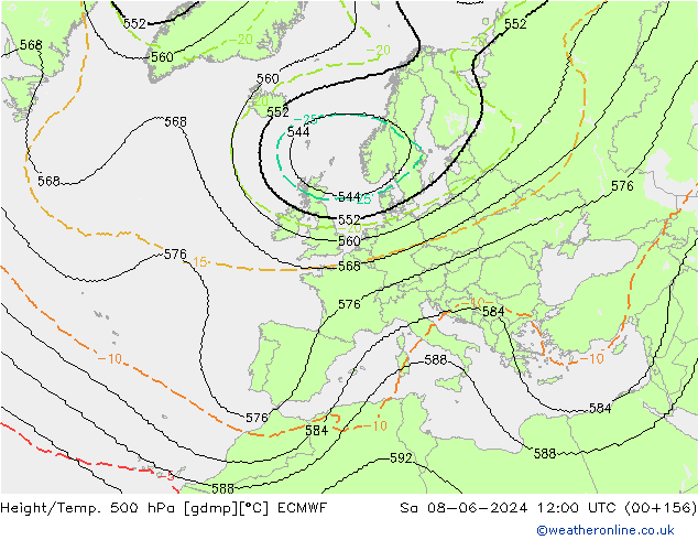 Height/Temp. 500 hPa ECMWF so. 08.06.2024 12 UTC