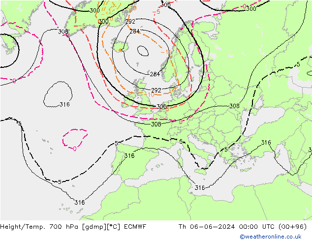 Height/Temp. 700 hPa ECMWF Th 06.06.2024 00 UTC