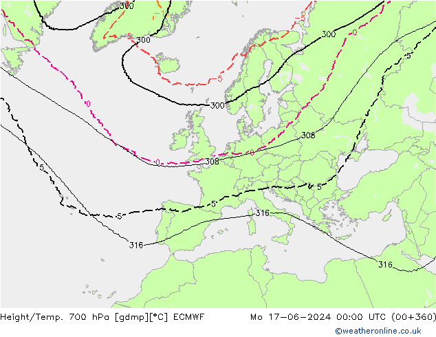 Height/Temp. 700 гПа ECMWF пн 17.06.2024 00 UTC