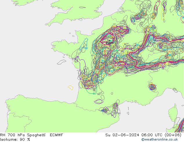 RH 700 hPa Spaghetti ECMWF So 02.06.2024 06 UTC