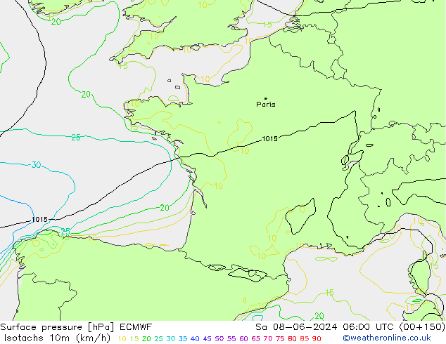 Isotachs (kph) ECMWF sam 08.06.2024 06 UTC