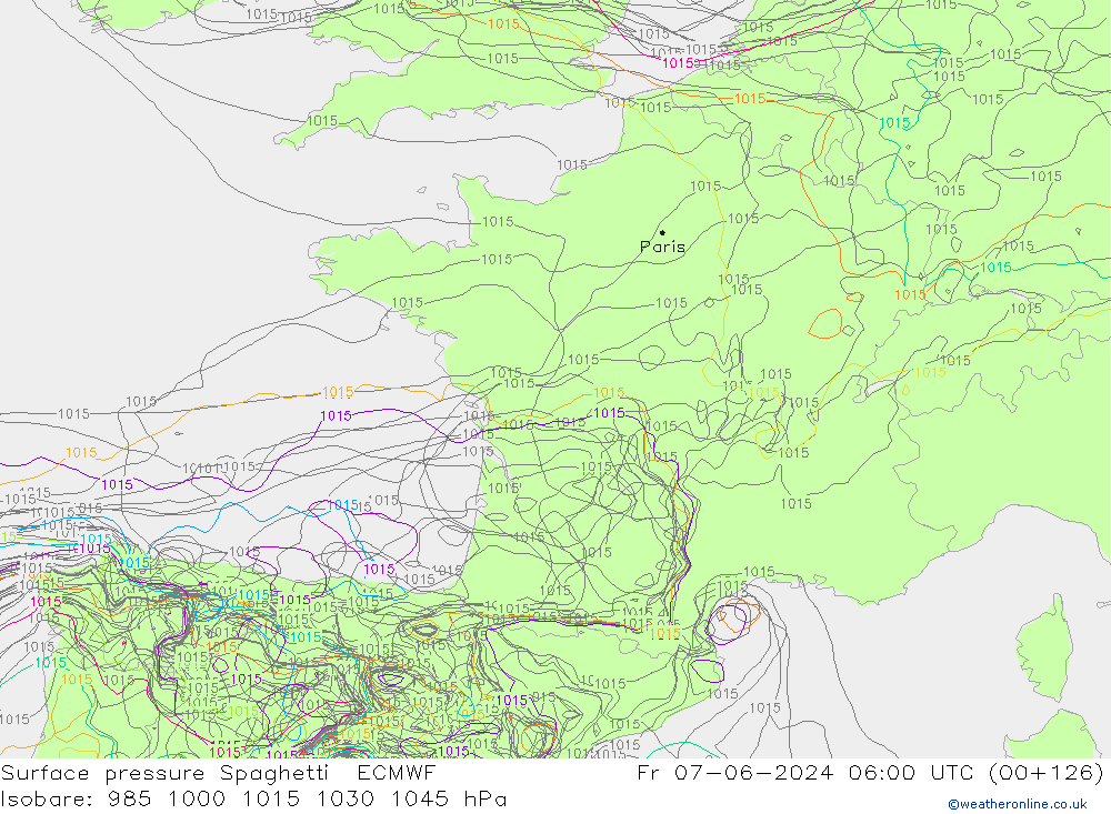 pressão do solo Spaghetti ECMWF Sex 07.06.2024 06 UTC