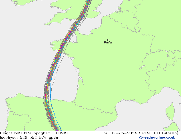 Height 500 hPa Spaghetti ECMWF So 02.06.2024 06 UTC