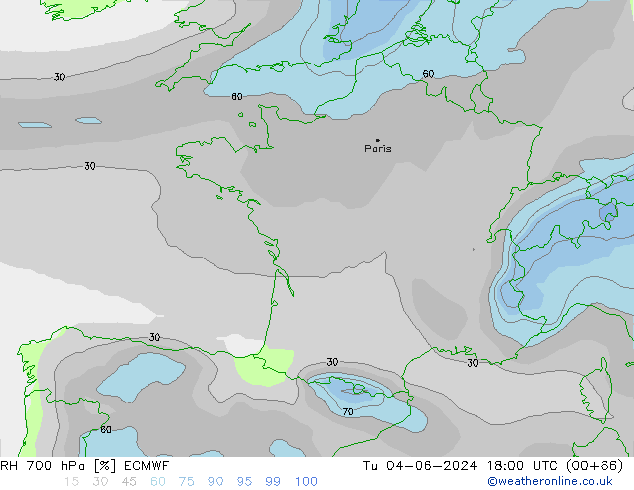 RH 700 hPa ECMWF Tu 04.06.2024 18 UTC